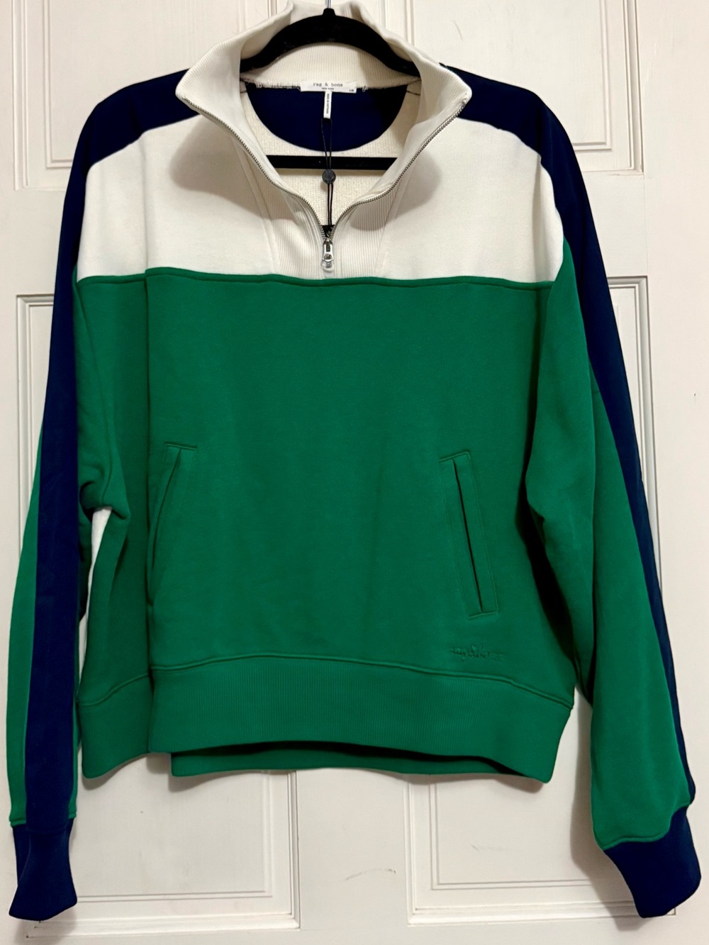 rag & bone Green Navy White Vintage Terry Sport Block Half Zip